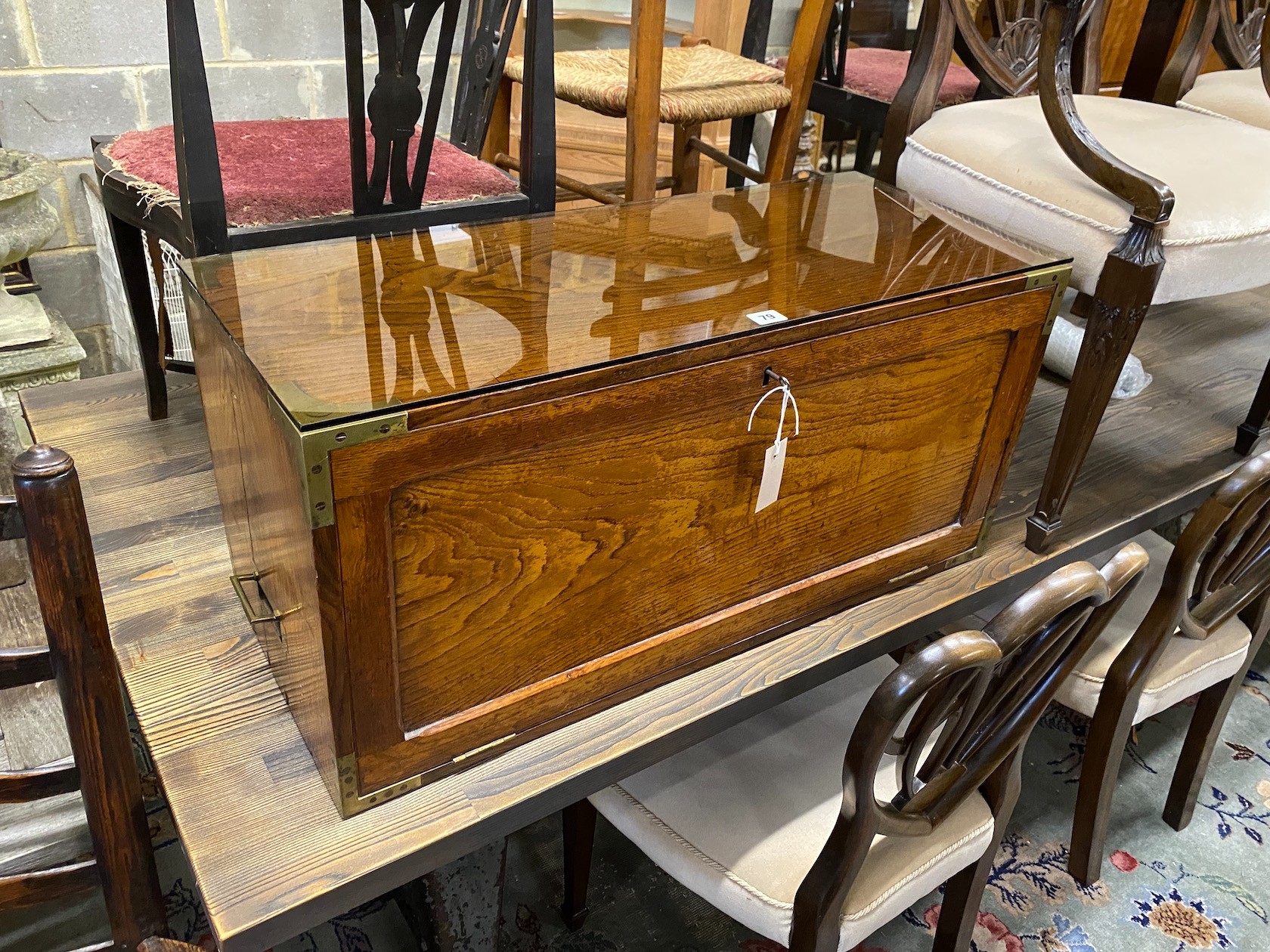 A 19th century military style brass mounted oak fall fronted writing cabinet, width 84cm, depth 34cm, height 39cm